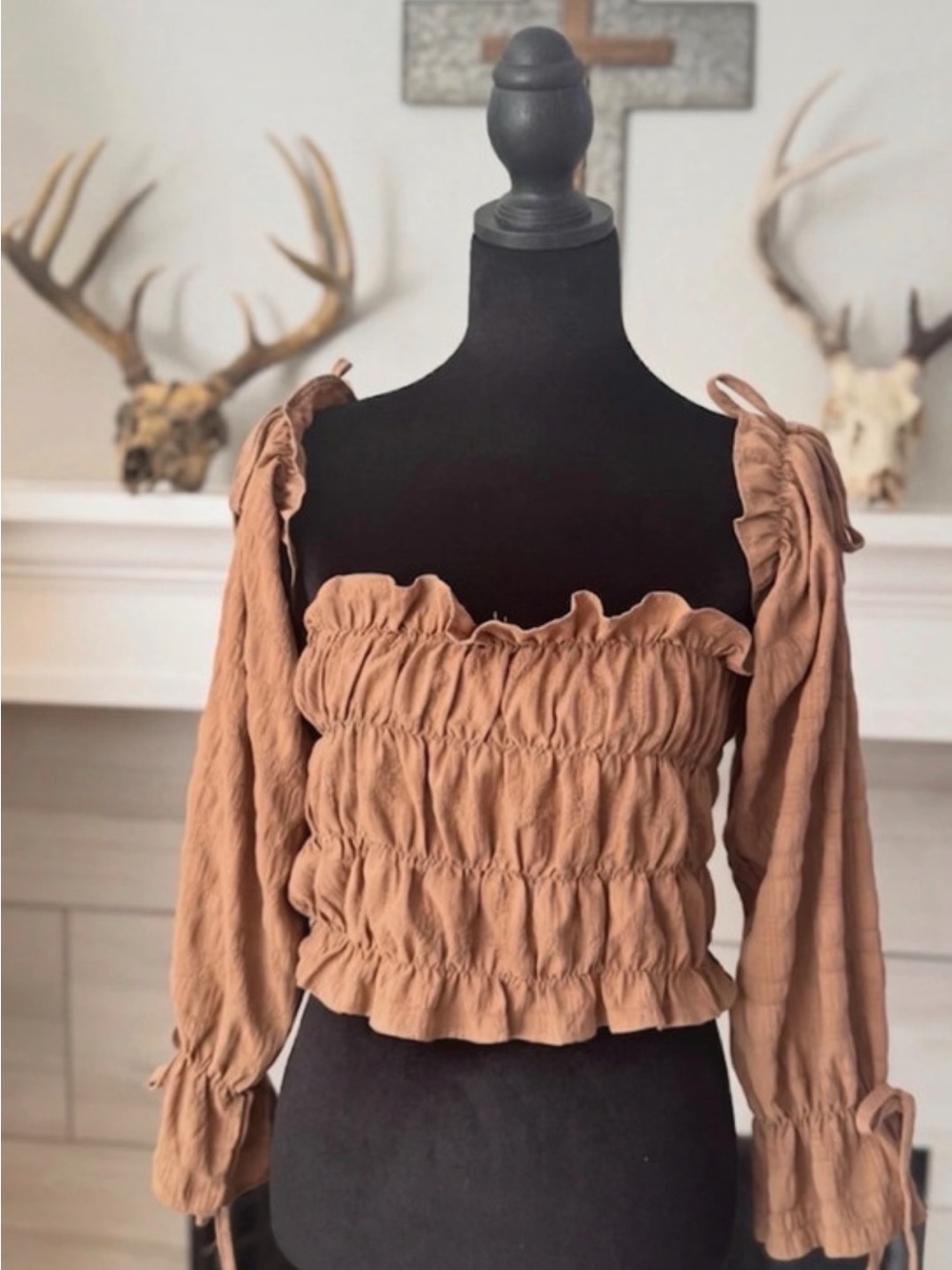 Smocked Long-Sleeve Peasant Top - Tan